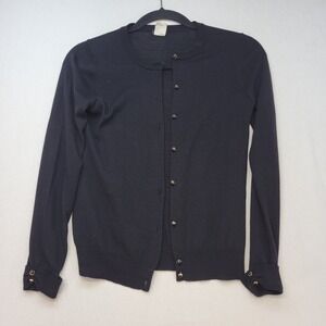 J.Crew Cardigan Women XS Black Wool Button Front Crewneck Gold Detail Sweater